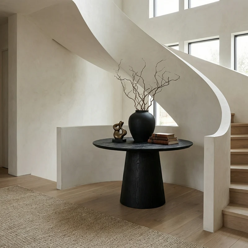 Spry Interior Minimalist Round Entryway Table, Solid Wood Modern Foyer & Hallway Accent Pedestal Table, SINLSAFT003