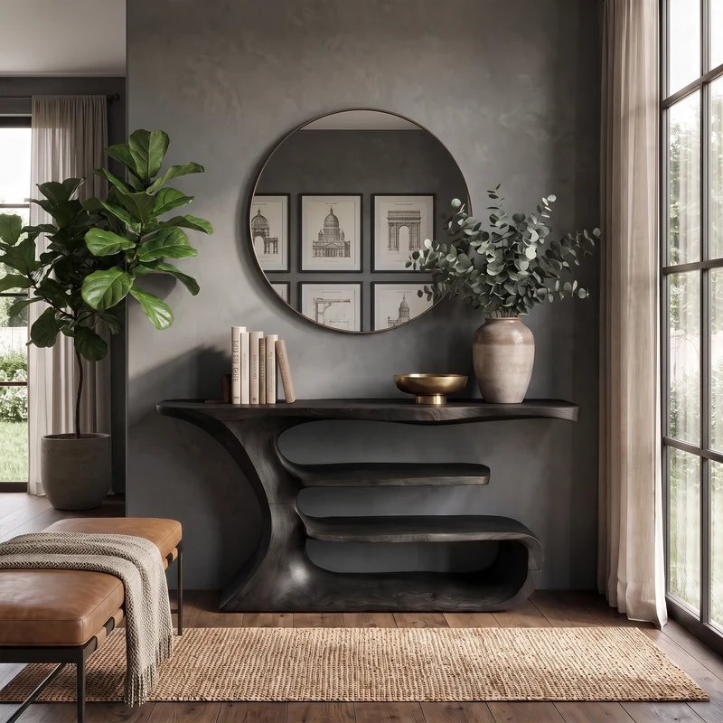 Spry Interior Sculptural Console Table, Solid Wood Artistic Accent Sofa Table for Elegant Living Room & Foyer, SINLKICS538