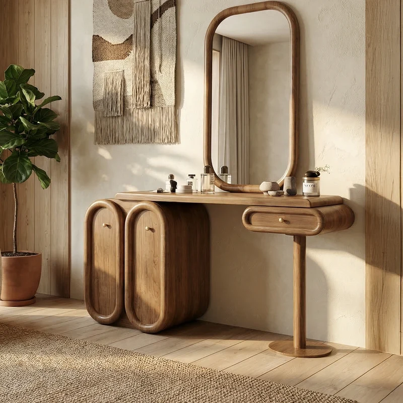 Spry Interior Modern Dressing Table with Storage, Solid Wood Unique Sculptural Makeup Vanity Desk for Bedroom Decor, SINLSABDT050