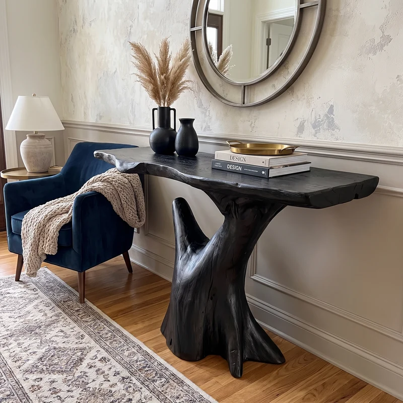 Spry Interior Rustic Sculptural Console Table, Natural Solid Wood Accent Sofa Table for Living Room & Foyer, SINLKICS531