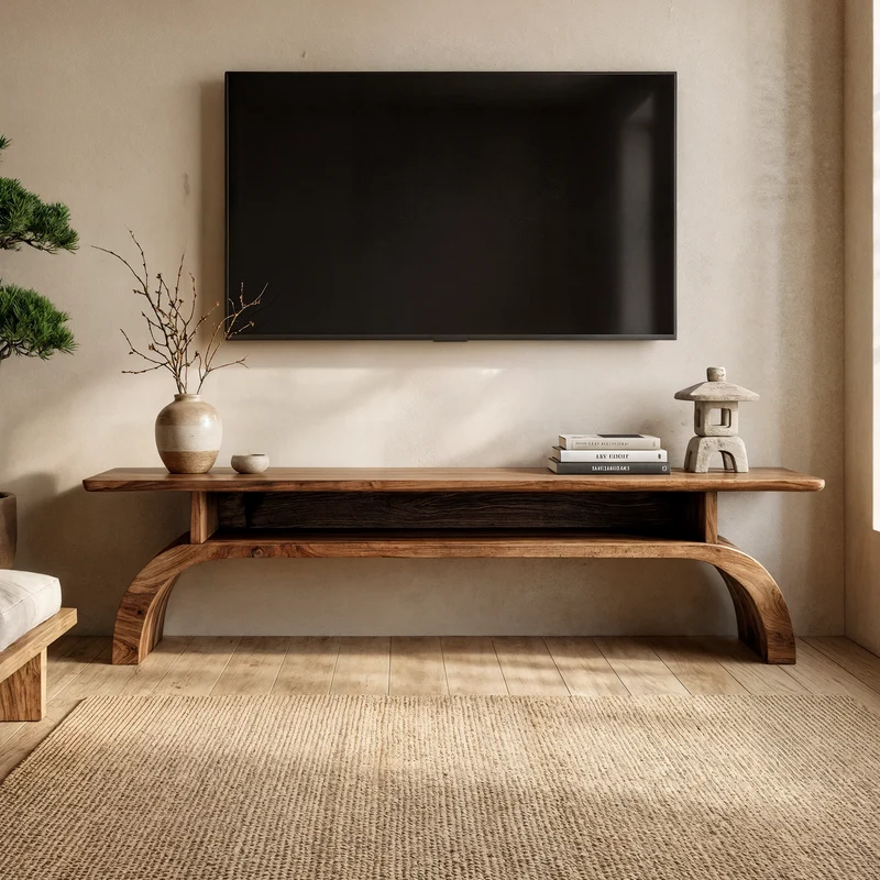 Spry Interior Rustic Solid Wood TV Stand, Low Profile Curved Base Media Console Entertainment Center, SINLKITS008