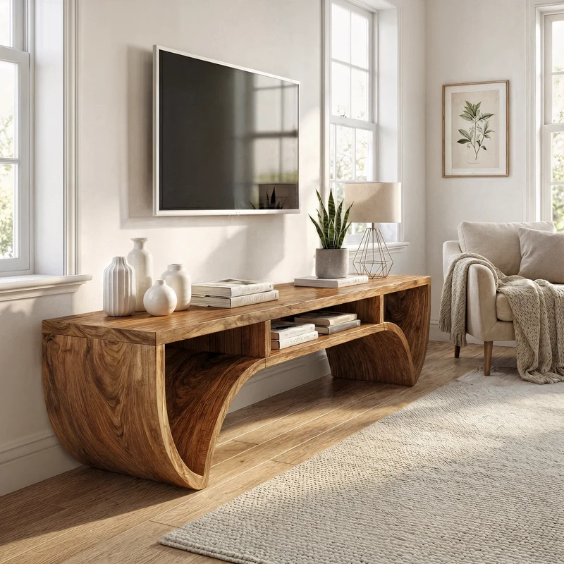 Spry Interior Rustic Solid Wood TV Stand, Curved Base Media Console & Storage Shelf for Living Room, SINLKITS007