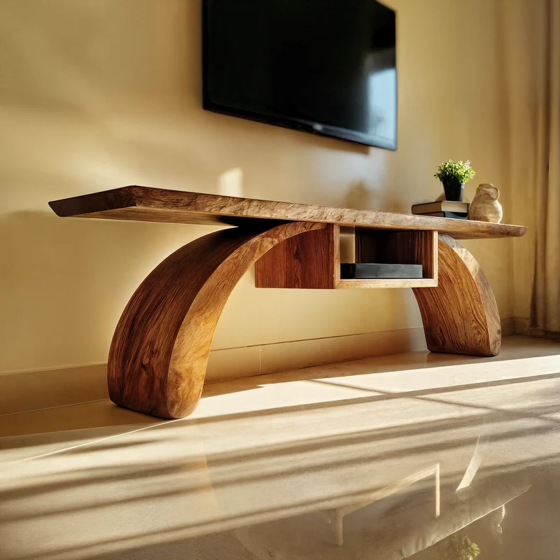 Spry Interior Rustic Solid Wood TV Stand, Curved Base Floating Top Media Console for Living Room, SINLKITS006
