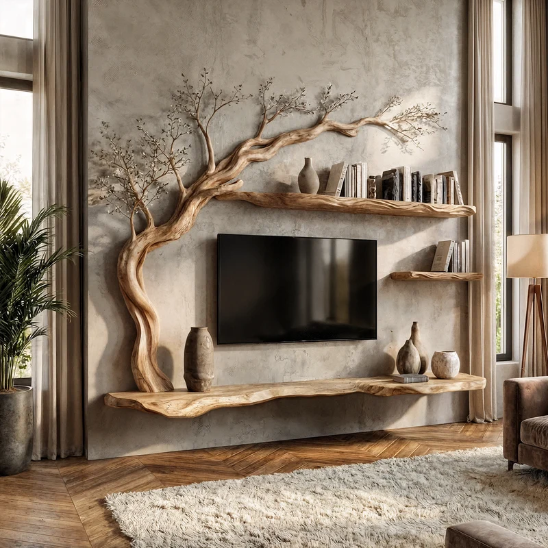 Rustic Tree TV Wall Shelf For Living Room And Lounge SINLKITS001