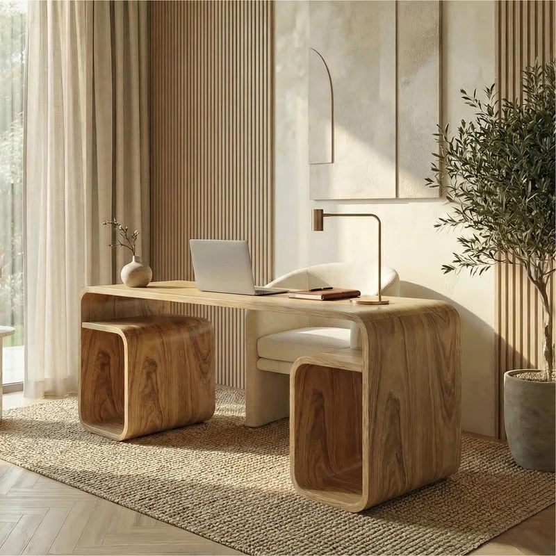 Spry Interior Japandi Curved Desk, Solid Wood Modern Writing Computer Desk for Bedroom & Study Room, SINLSADK094
