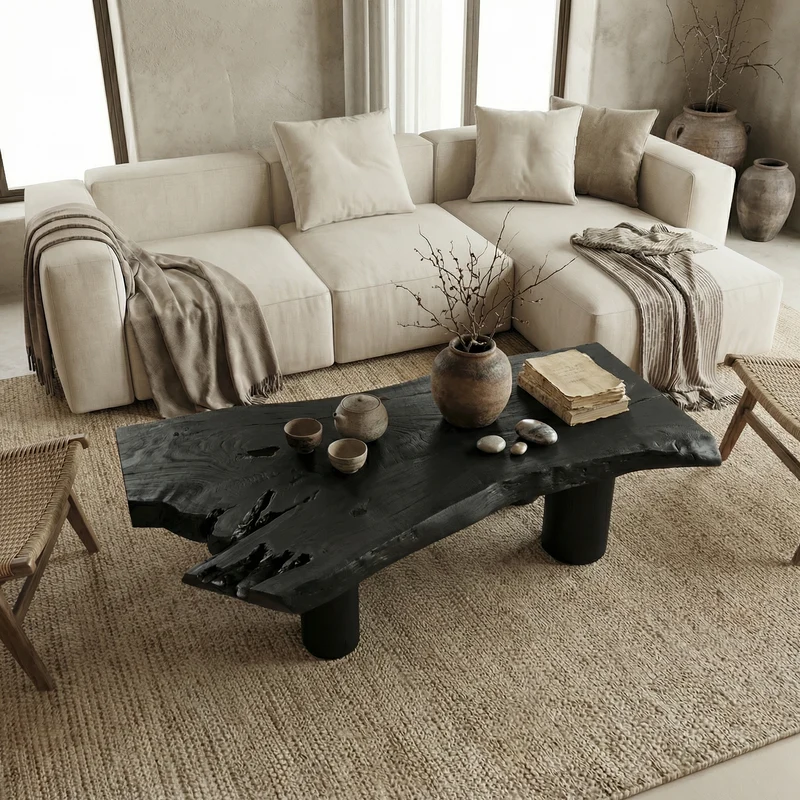 Spry Interior Organic Rustic Wood Coffee Table, Solid Wood Live Edge Center Table for Living Room & Lounge, SINLSACF350
