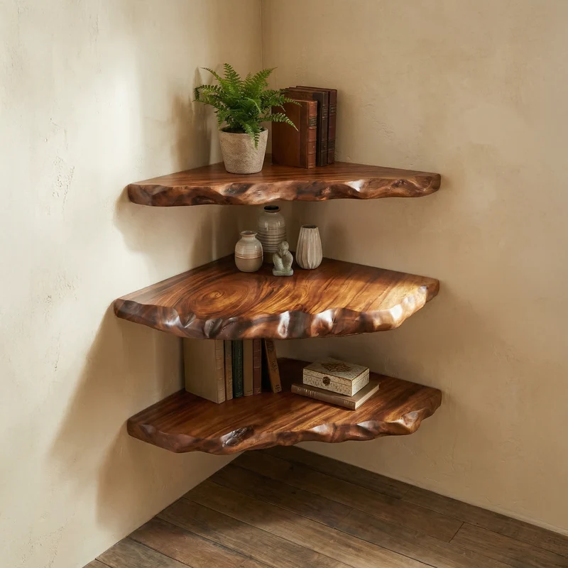 Spry Interior Rustic Floating Corner Shelf, Solid Wood Wall-Mounted Display Storage for Living Room, SINLSACN022