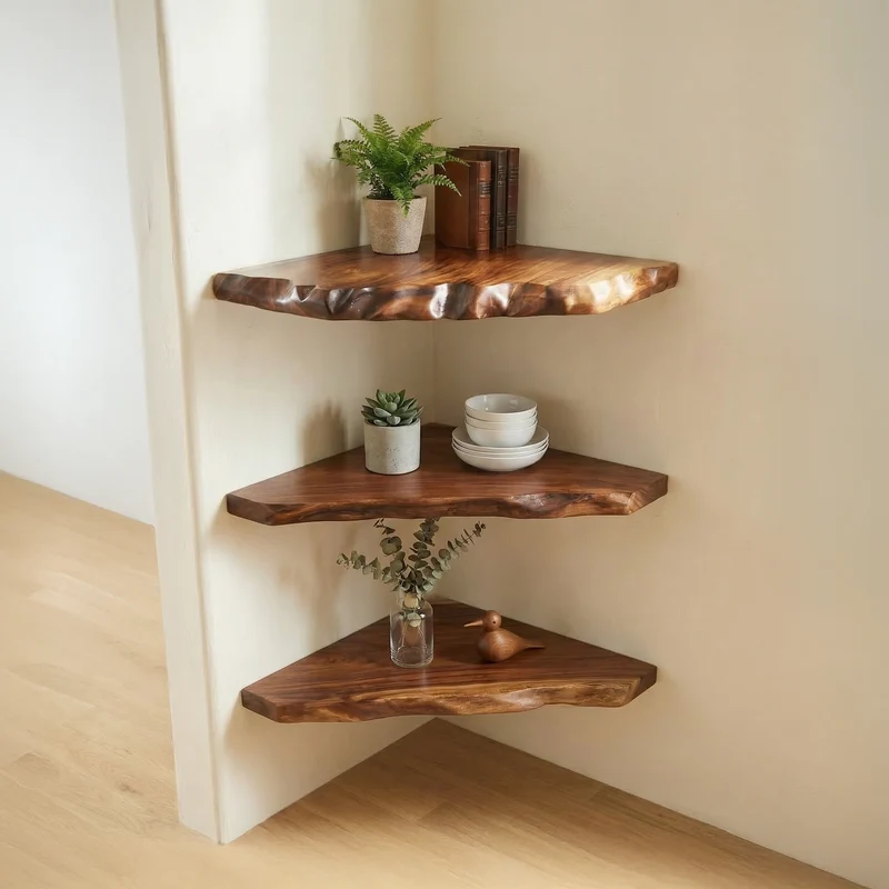 Spry Interior Rustic Wall Mounted Corner Shelf, Solid Wood Hanging Display Organizer for Living Room, SINLSACN021