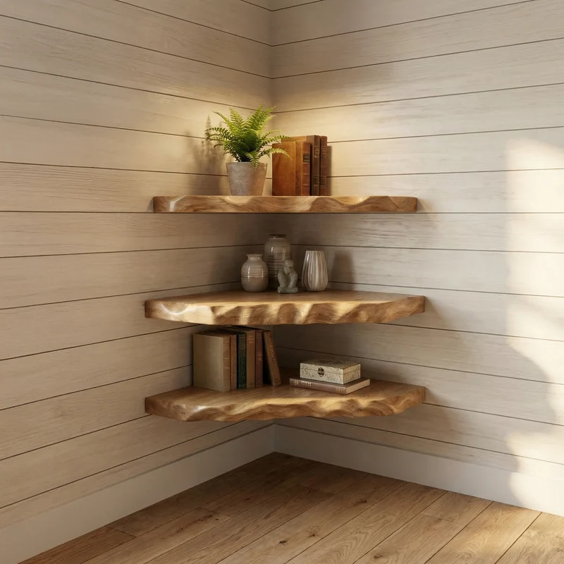 Spry Interior Rustic Floating Corner Display Shelf, Solid Wood Wall Mounted Storage for Living Room & Lounge, SINLSACN019