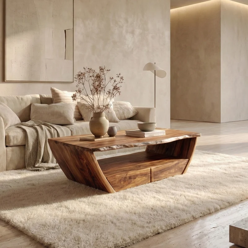 Spry Interior Natural Coffee Table with Open Storage, Solid Wood Modern Accent Center Table for Living Room, SINLSACF330