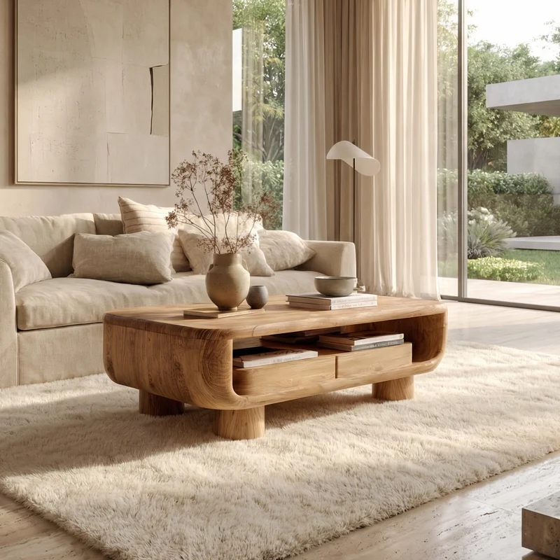 Spry Interior Organic Solid Wood Coffee Table, Rustic Center Table with Storage Shelf for Living Room, SINLSACF329