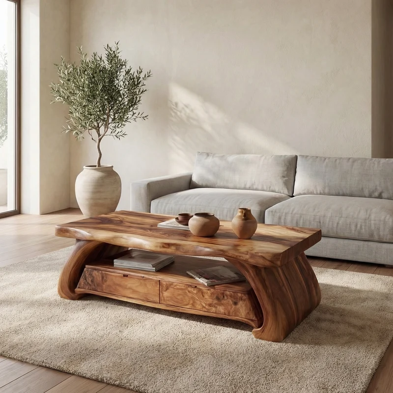 Rustic Solid Wood Coffee Table Natural Sculptural Base Living Room SINLSACF325