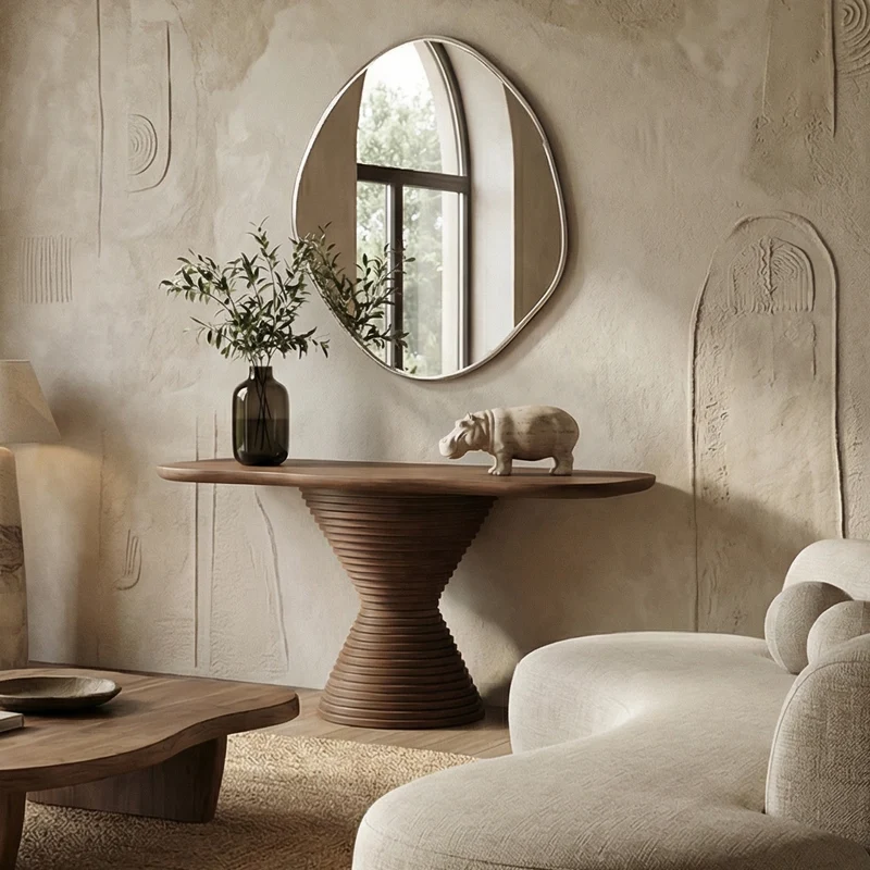 Spry Interior Modern Round Pedestal Console Table, Solid Wood Accent Sofa Table for Living Room & Foyer, SINLSACS529