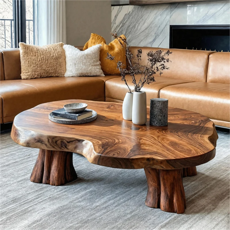 Spry Interior Organic Sculptural Solid Wood Coffee Table, Natural Live Edge Center Table for Living Room, Rustic Art Deco Accent, SINLKICF324