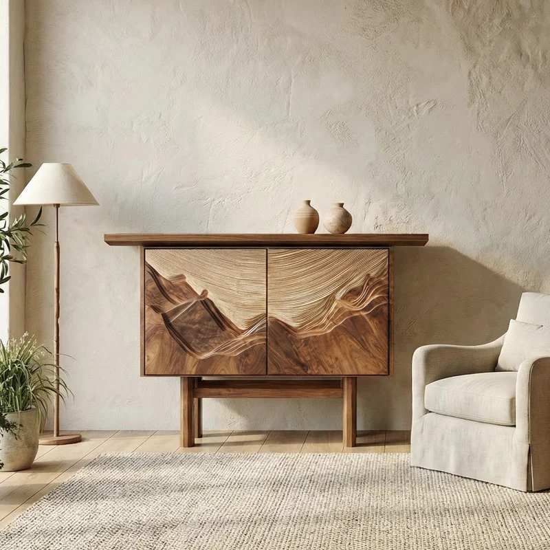 Spry Interior Rustic Mountain Carved Storage Cabinet, Solid Wood Sideboard Credenza for Living Room, Art Deco Entryway Console, SINLSASC479