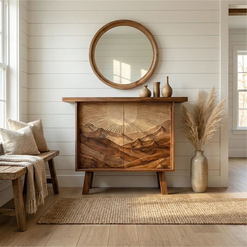 Spry Interior Rustic Mountain Carved Sideboard, Solid Wood Dining Room Buffet Cabinet, Art Deco Storage Credenza for Living Room, SINLSASC476