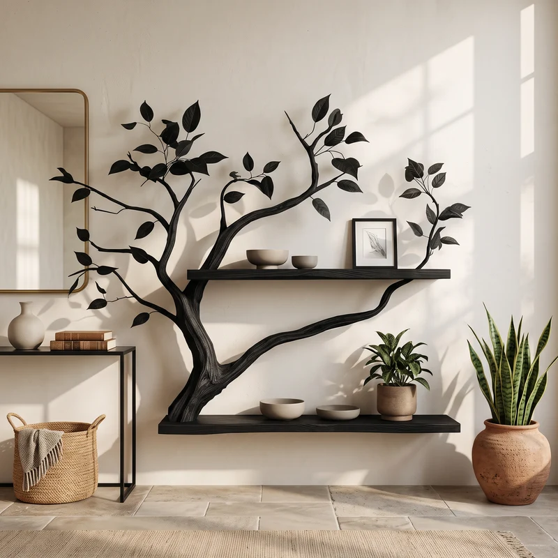 Spry Interior Rustic Sculptural Branch Wall Display Shelf, Solid Wood Floating Tree Shelf, Modern Living Room Wall Art Piece, SINLSATBS104SHNA