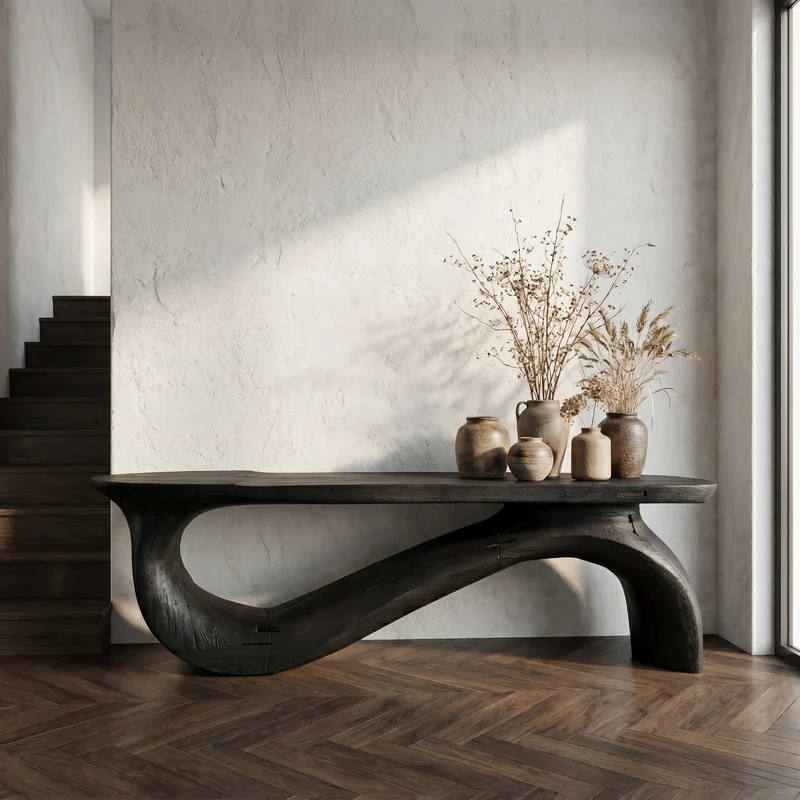 Spry Interior Modern Sculptural Console Table, Solid Wood Slab Entryway Table, Unique Art Deco Sofa Accent Table for Foyer, SINLSACS484