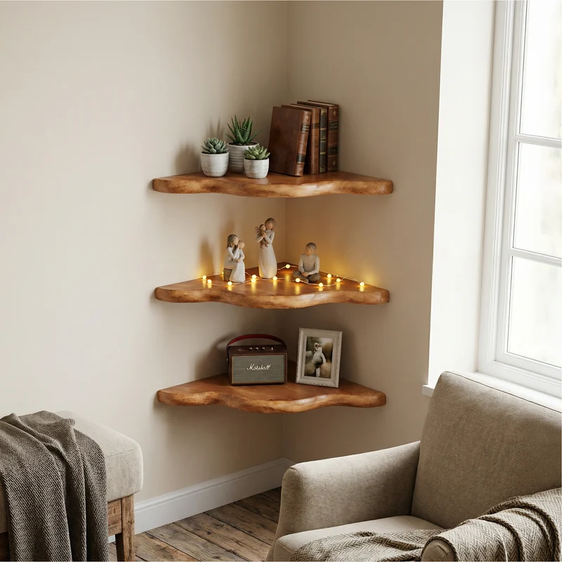Spry Interior Rustic Floating Corner Shelf, Wall Mounted Solid Wood Display Shelves for Living Room, Bedroom & Office, Accent Decor, SINLSACN017