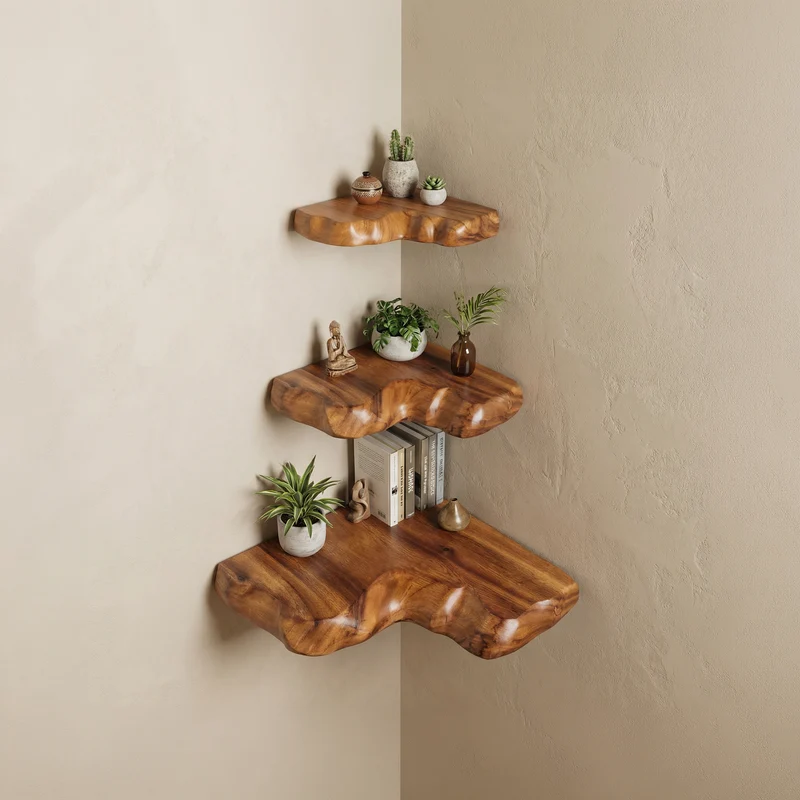 Spry Interior Rustic Corner Floating Shelf, Solid Wood Hanging Storage & Display Shelf for Corner Walls in Kitchen, Living Room, SINLSACN016