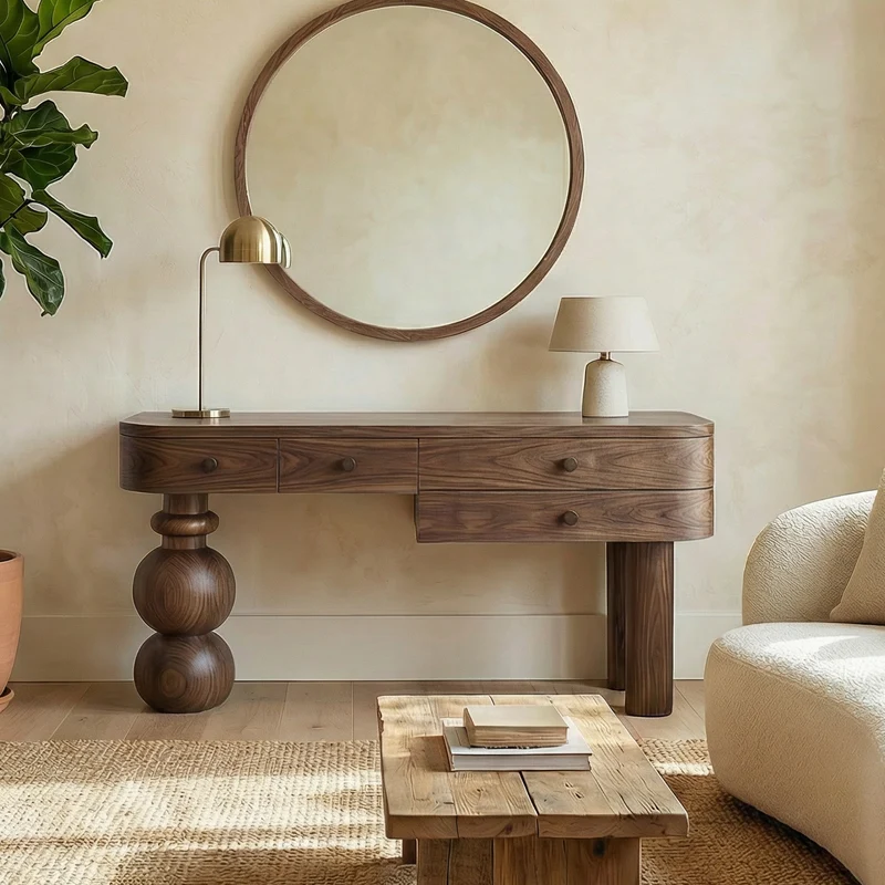 Spry Interior Organic Modern Wooden Dressing Table, Solid Wood Live Edge Makeup Vanity Desk, Rustic Bedroom Vanity Furniture, SINLSABDT045