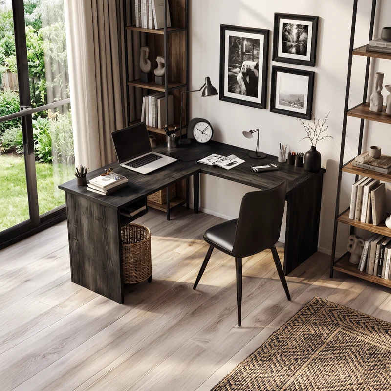 Spry Interior Modern L Shaped Desk, Solid Wood Corner Computer Desk for Home Office, Spacious Study Writing Workstation, SINLSADK048