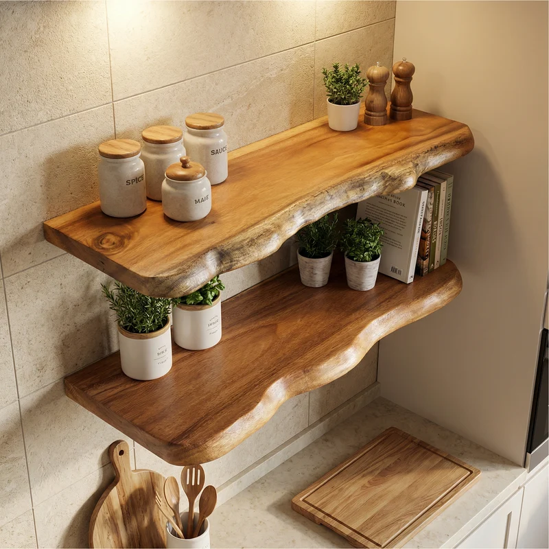 Spry Interior Rustic Wooden Floating Shelves, Solid Wood Wall Mounted Display Rack for Kitchen Pantry, Living Room Organizer, Set of 1, SINLSAFL514