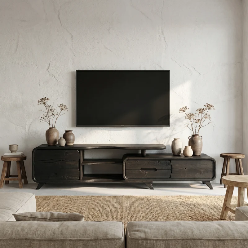 Spry Interior Modern Statement TV Stand, Solid Wood Fluted Media Console Cabinet, Luxury Living Room Entertainment Center, SINLSASC506