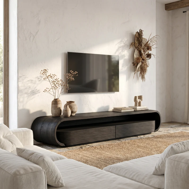 Spry Interior Modern Minimalist TV Unit, Low Profile Solid Wood Credenza & Media Storage Cabinet for Living Room Entertainment, SINLSASC505