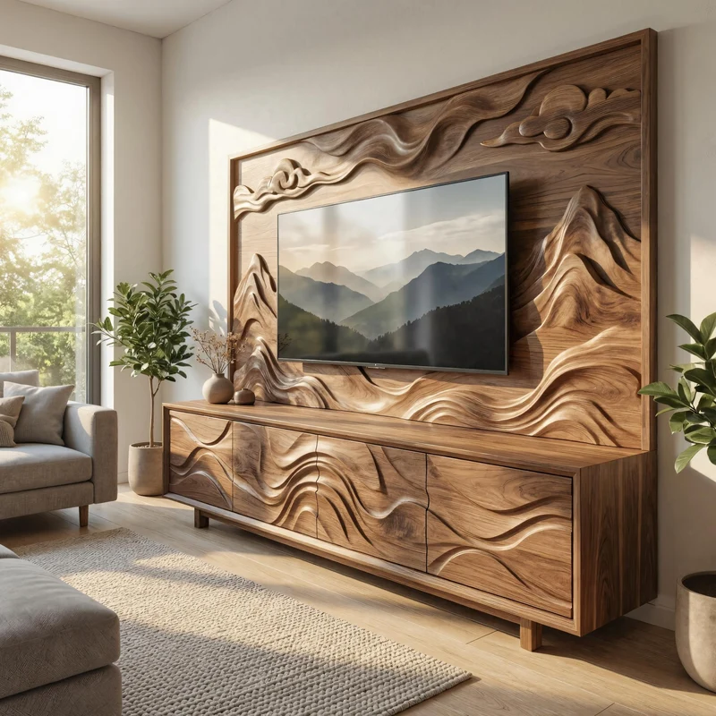 Organic Sculptural TV Cabinet And Wood Wall Panel Set Living Room SINLKISC501