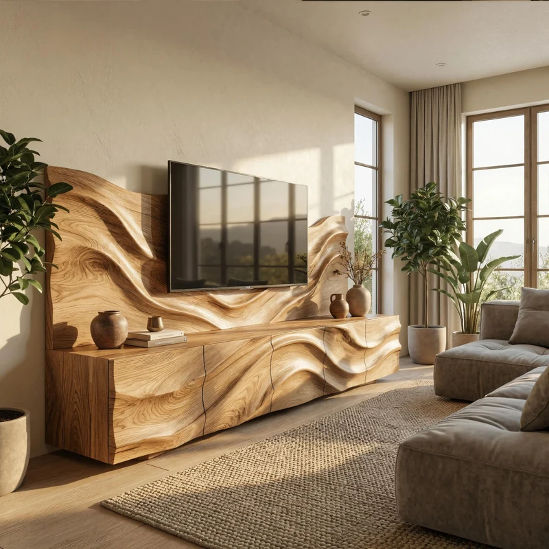 Spry Interior Scandinavian TV Cabinet & Slat Wood Wall Panel Set, Modern Entertainment Center for Living Room, Media Console, SINLKISC500