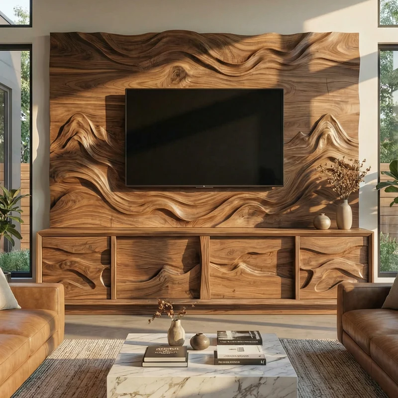 Modern Wood TV Cabinet With Sculptural Feature Wall Living Room SINLKISC498