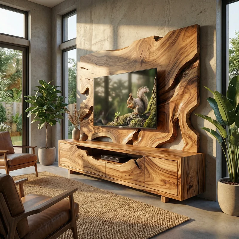 Organic Wood TV Cabinet With Decorative Wall Panel Living Room SINLKISC497