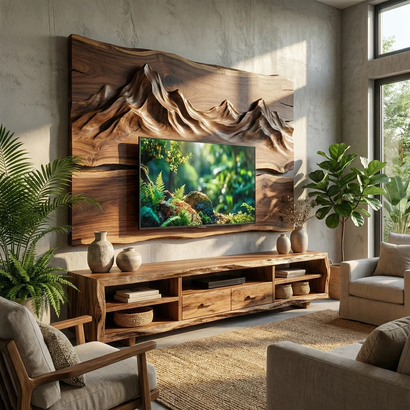 Set Rustic TV Cabinet And Wood Wall Panel Set Living Room SINLKISC496