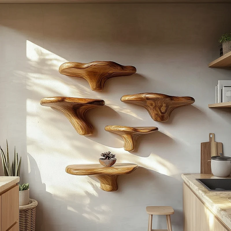 Spry Interior Modern Decorative Mushroom Wall Shelf, Cottagecore Wooden Floating Shelf for Kitchen Spices, Living Room Plants, SINLSAFL466
