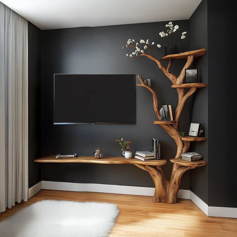 Spry Interior Modern Sculptural Tree Wall Mounted Desk, Floating Wood Writing Desk, Space-Saving Workstation for Home Office, SINLSATB632