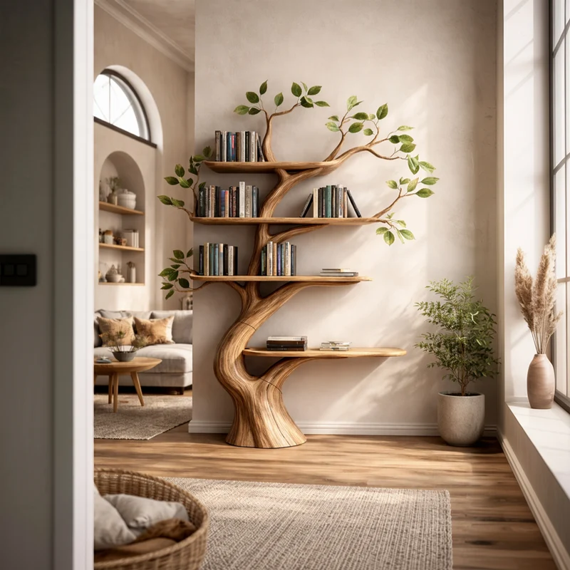 Mid Century Modern Tree Bookshelf Living Area SINLKITB628