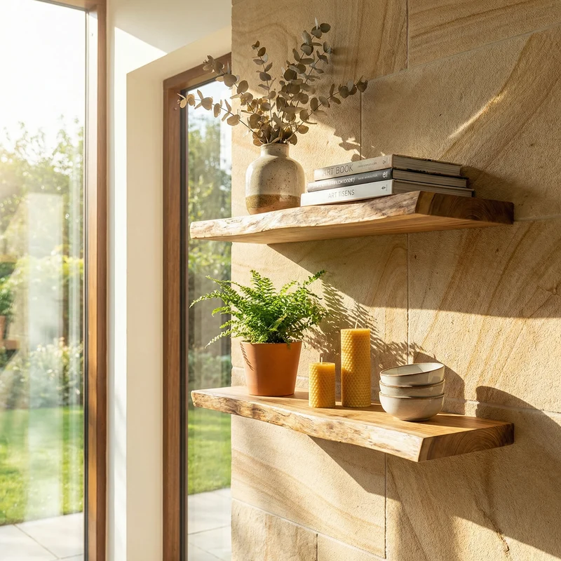 Spry Interior Modern Natural Oak Floating Wall Shelves, Minimalist Solid Wood Display Ledges for Bedroom, Living Room & Plants, SINLKIFL488