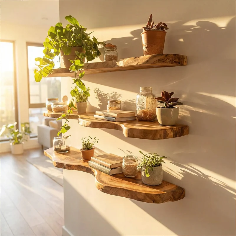 Spry Interior Modern Live Edge Floating Wall Shelves, Solid Wood Slab Display Ledges for Rustic Kitchen, Living Room & Bathroom, SINLKIFL485
