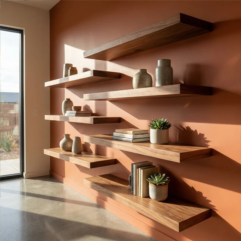 Modern Asymmetrical Floating Wall Shelves Solid Wood Statement Display SINLKIFL484