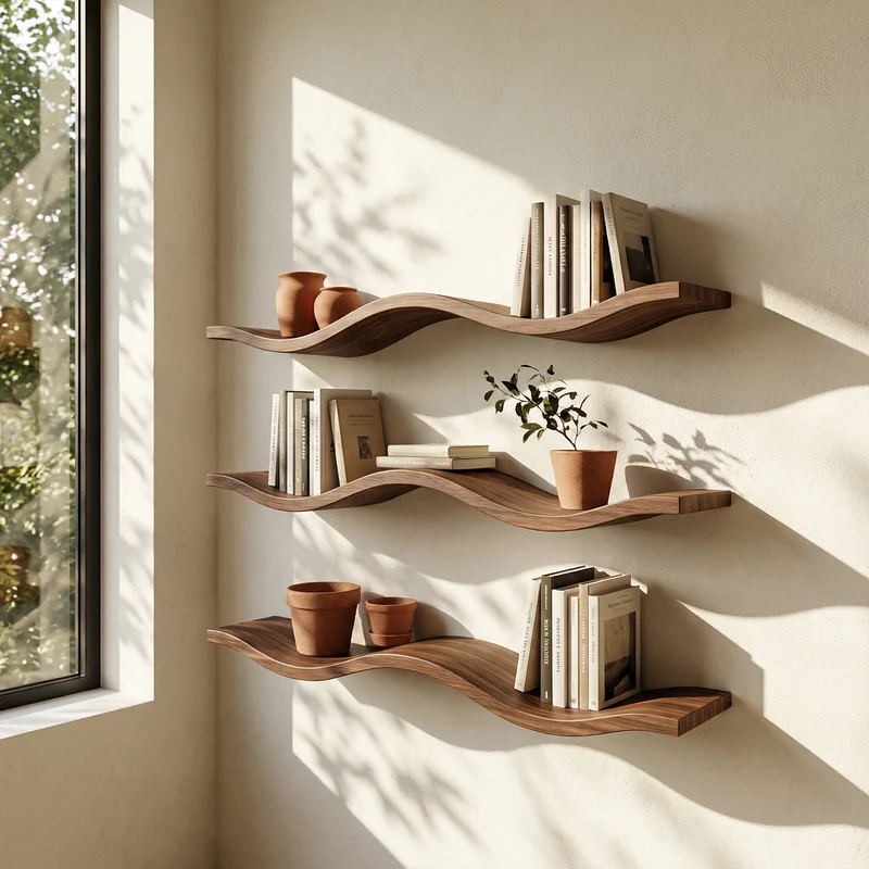 Modern Organic Wave Floating Shelves Wood Artistic Wall Display SINLKIFL483