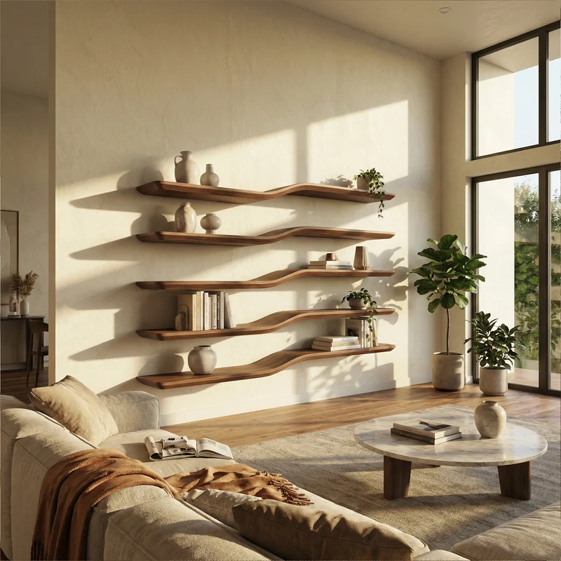 Modern Sculptural Wave Wall Shelves Floating Wood Display SINLKIFL479