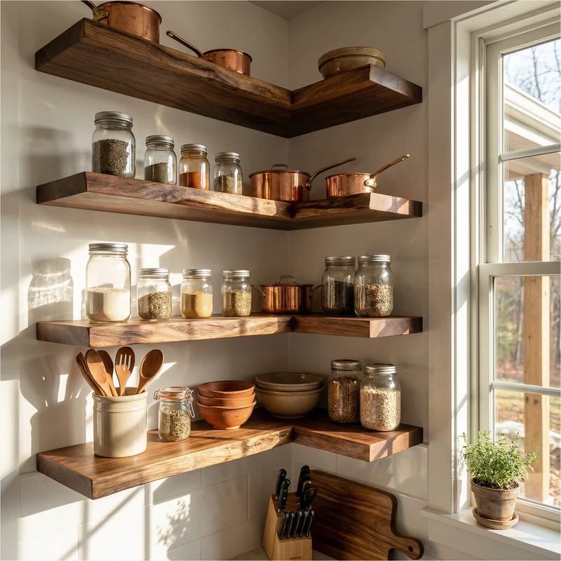 Modern L Shape Floating Kitchen Shelves Corner Wall Storage Display SINLKIFL476