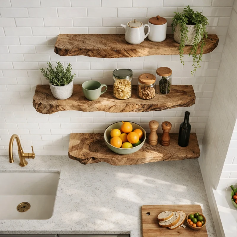 Spry Interior Modern Natural Slab Floating Kitchen Shelves, Solid Wood Wall Hanging Display Ledges, Heavy Duty Pantry Storage, SINLKIFL498