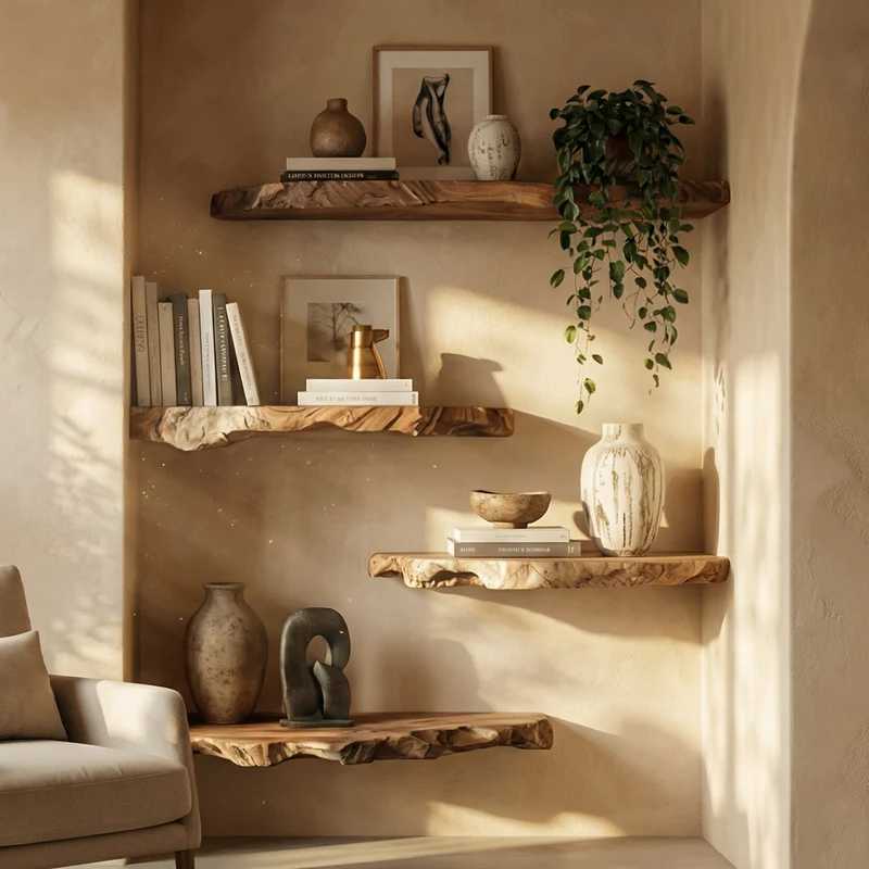 Modern Organic Live Edge Floating Wall Shelves Natural Wood Accent Display SINLKIFL497
