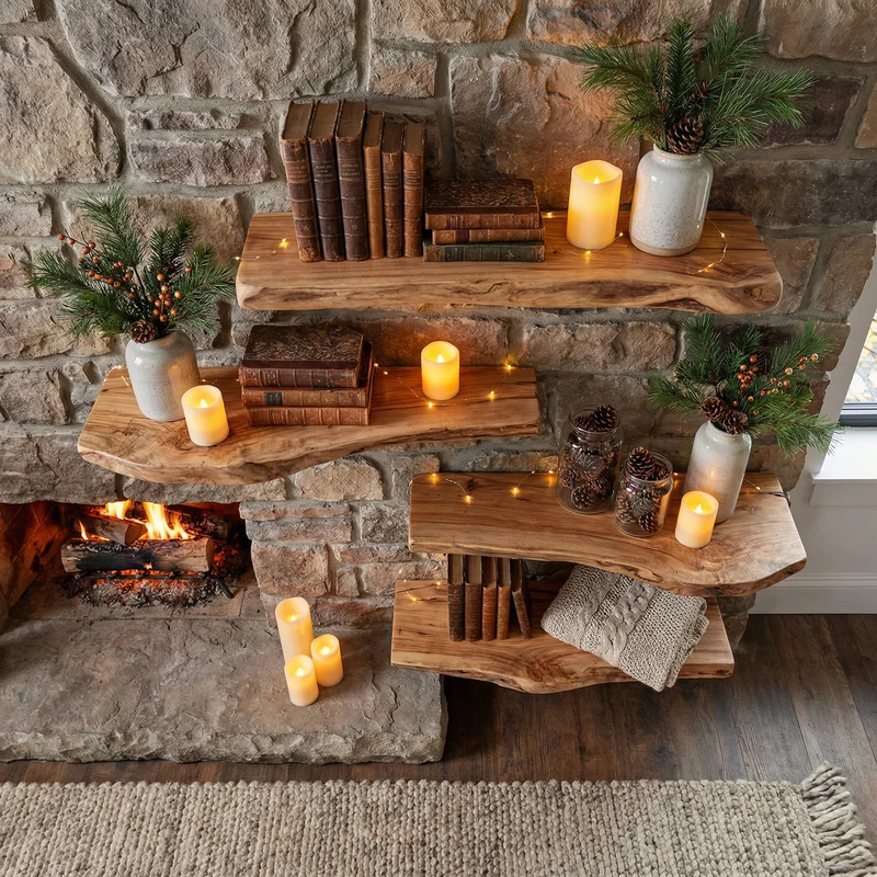Rustic Fireplace Wall Shelves Solid Wood Organic Display SINLKIFL495