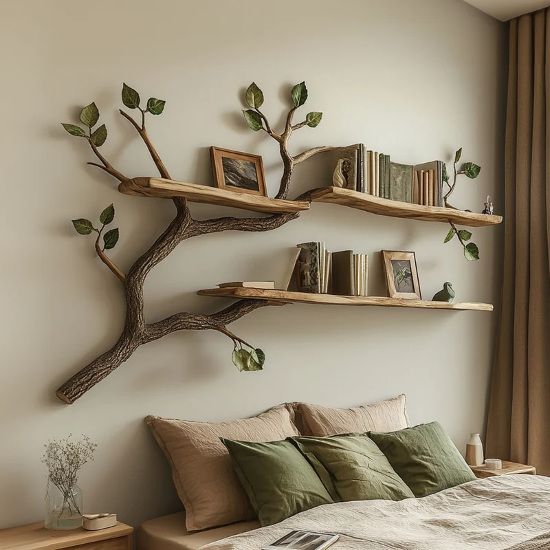 Spry Interior Rustic Tree Branch Bookshelf, Solid Wood Hanging Floating Wall Shelf for Living Room, Cozy Bedroom Art Display, SINLKITBS069
