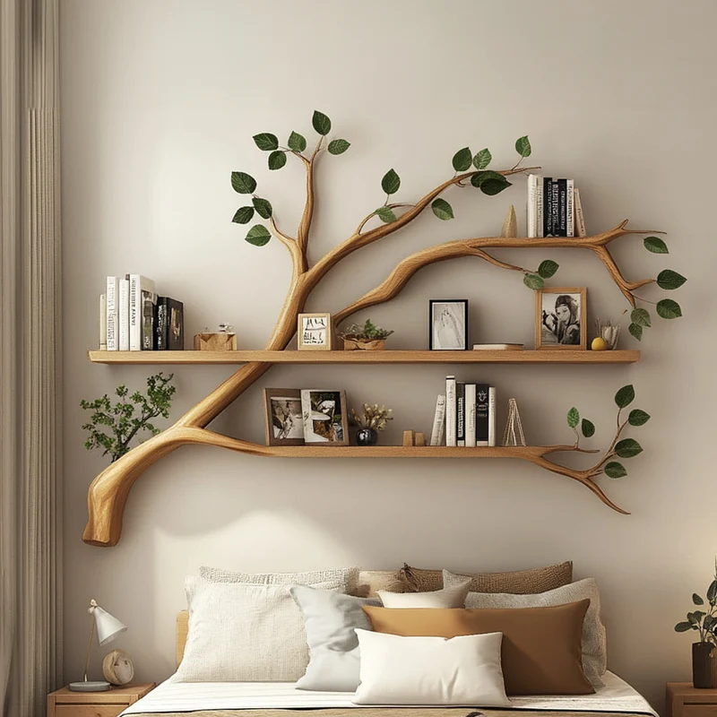 Spry Interior Rustic Organic Tree Wall Bookshelf, Sculptural Wood Floating Branch Shelf for Entryway, Bedroom Corner Decor, SINLKITBS068