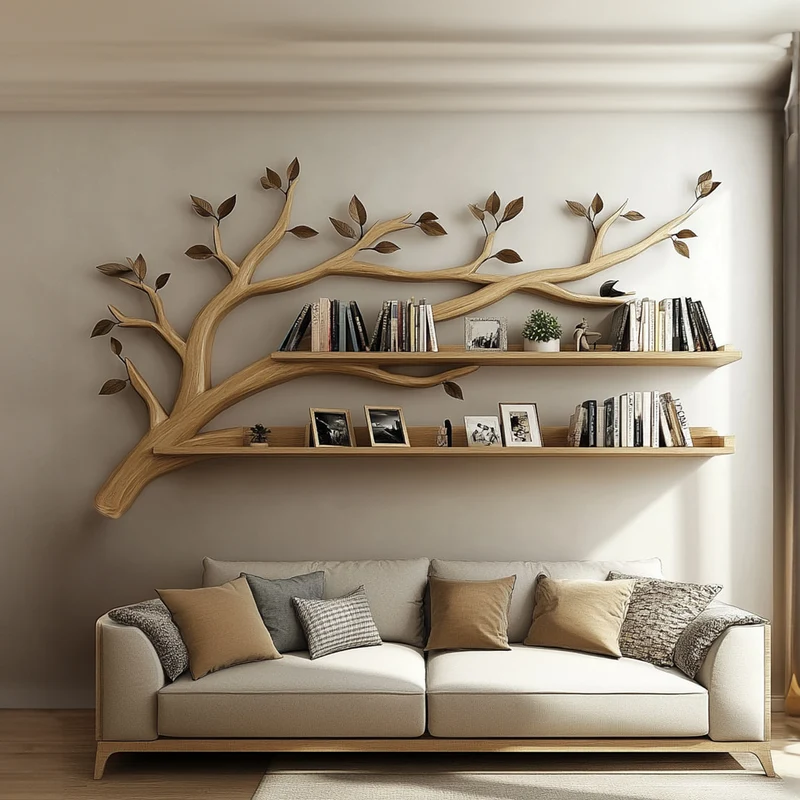 Spry Interior Rustic Tree Wall Display Shelf, Handcrafted Branch Floating Bookcase for Modern Cozy Bedroom, Plant & Book Organizer, SINLKITBS065