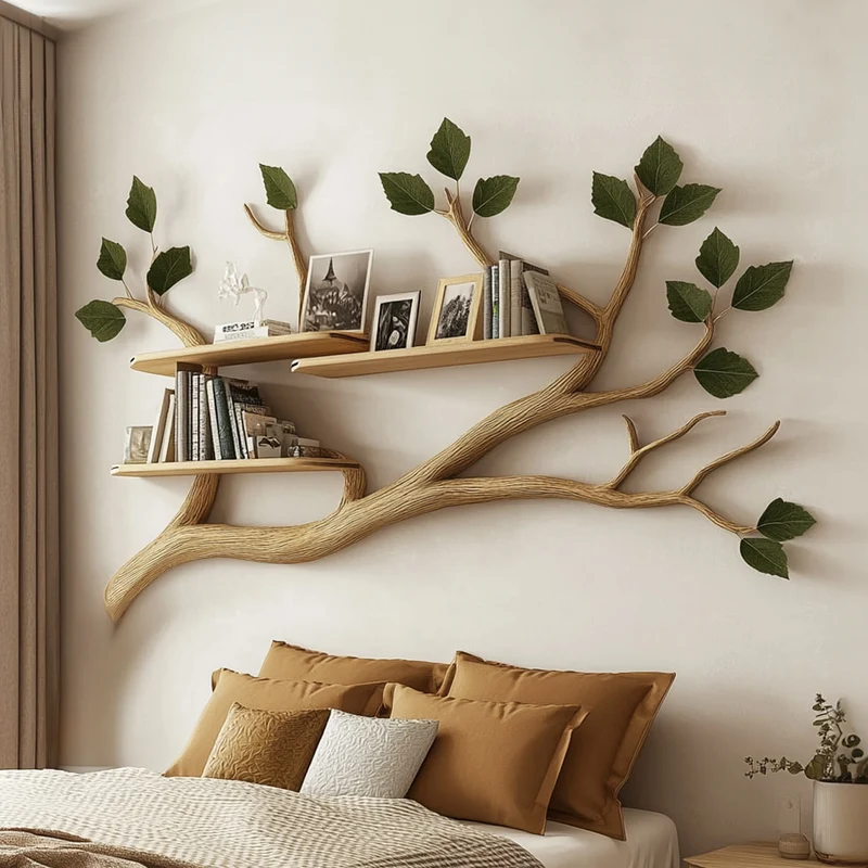 Spry Interior Rustic Tree Wall Shelf, Bohemian Solid Wood Floating Branch Bookcase for Bedroom, Modern Cozy Nursery & Entryway, SINLKITBS063